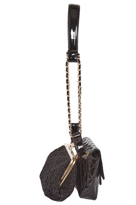 Lot 40 - A Chanel by Karl Lagerfeld 'Coco Twin' black patent leather and lace evening bag, 'Farm' collection, Spring-Summer 2010