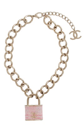 Lot 16 - A Chanel by Karl Lagerfeld pink tweed padlock necklace, 'Supermarket' collection, Autumn-Winter 2014-15