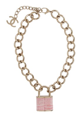 Lot 16 - A Chanel by Karl Lagerfeld pink tweed padlock necklace, 'Supermarket' collection, Autumn-Winter 2014-15