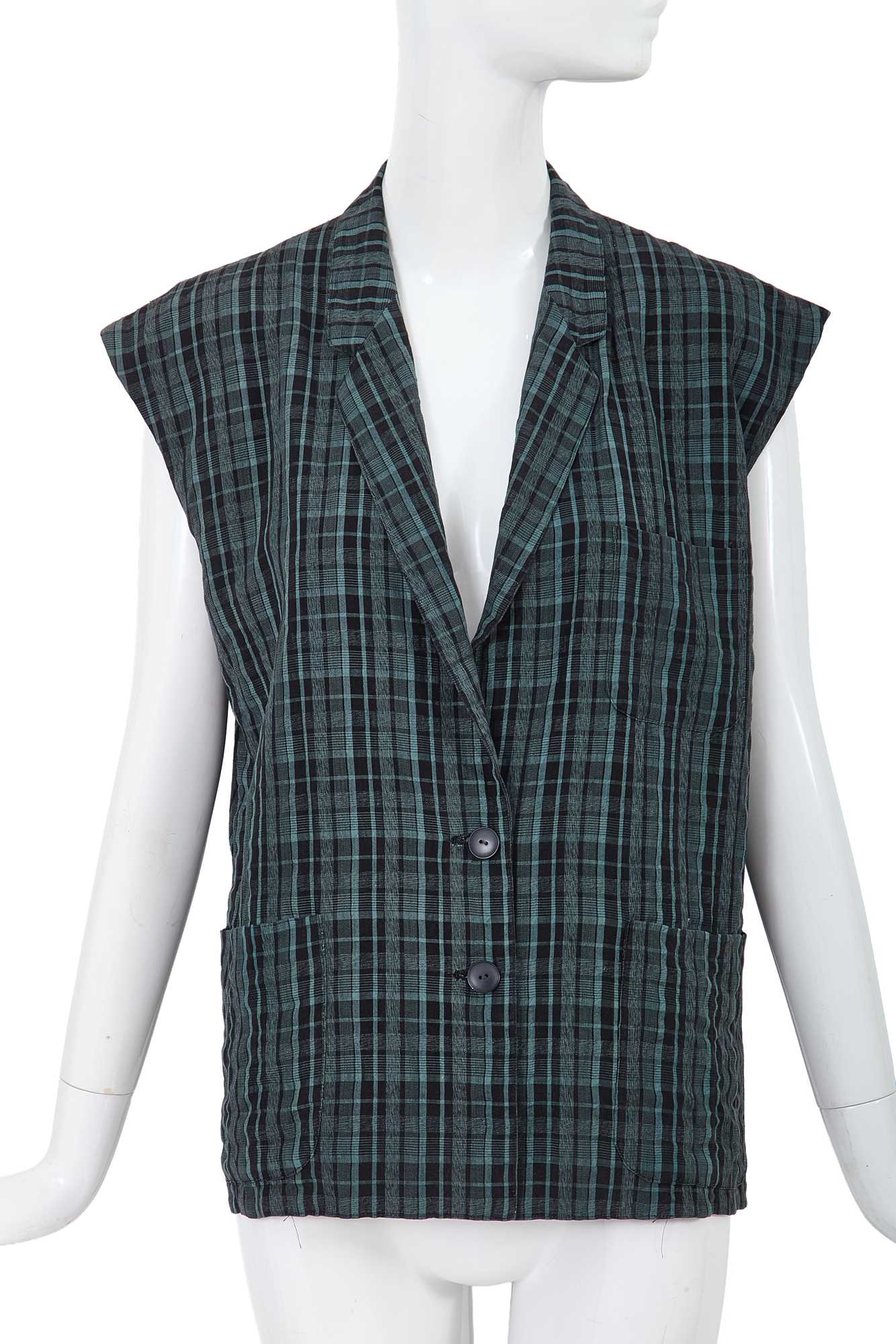 Lot 11 - A Comme des Garçons black and teal checked linen sleeveless top, 1970s