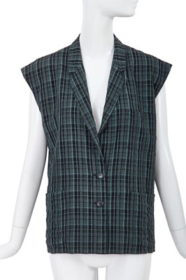 Lot 11 - A Comme des Garçons black and teal checked linen sleeveless top, 1970s