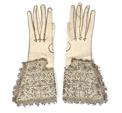 Lot 99 - A fine pair of men's embroidered white kid...