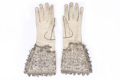 Lot 99 - A fine pair of men's embroidered white kid...