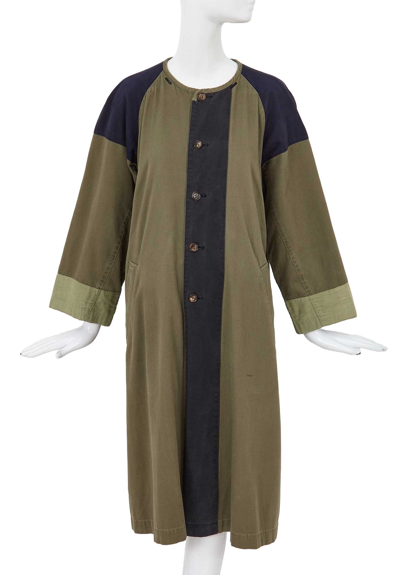 Lot 45 - A Comme des Garçons green and navy cotton drill coat, probably ‘Indigo Dye and Twist’ collection, Spring-Summer 1982