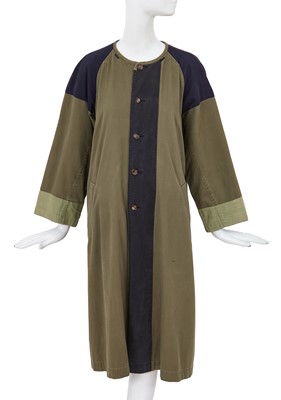 Lot 45 - A Comme des Garçons green and navy cotton drill coat, probably ‘Indigo Dye and Twist’ collection, Spring-Summer 1982