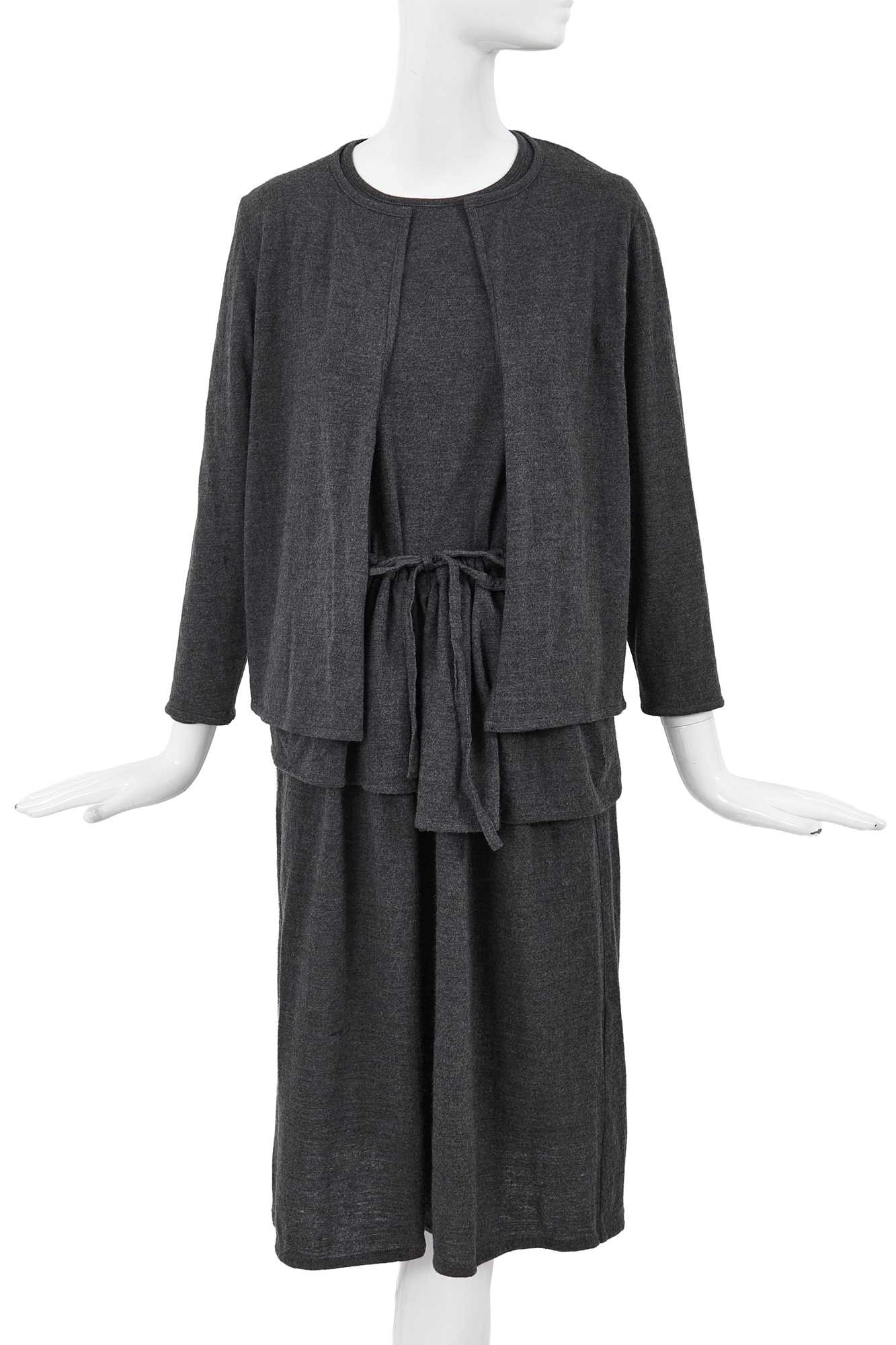 Lot 69 - A Comme des Garçons grey wool jersey three-piece ensemble, probably ‘Patchworks and X’ collection, Spring-Summer 1983