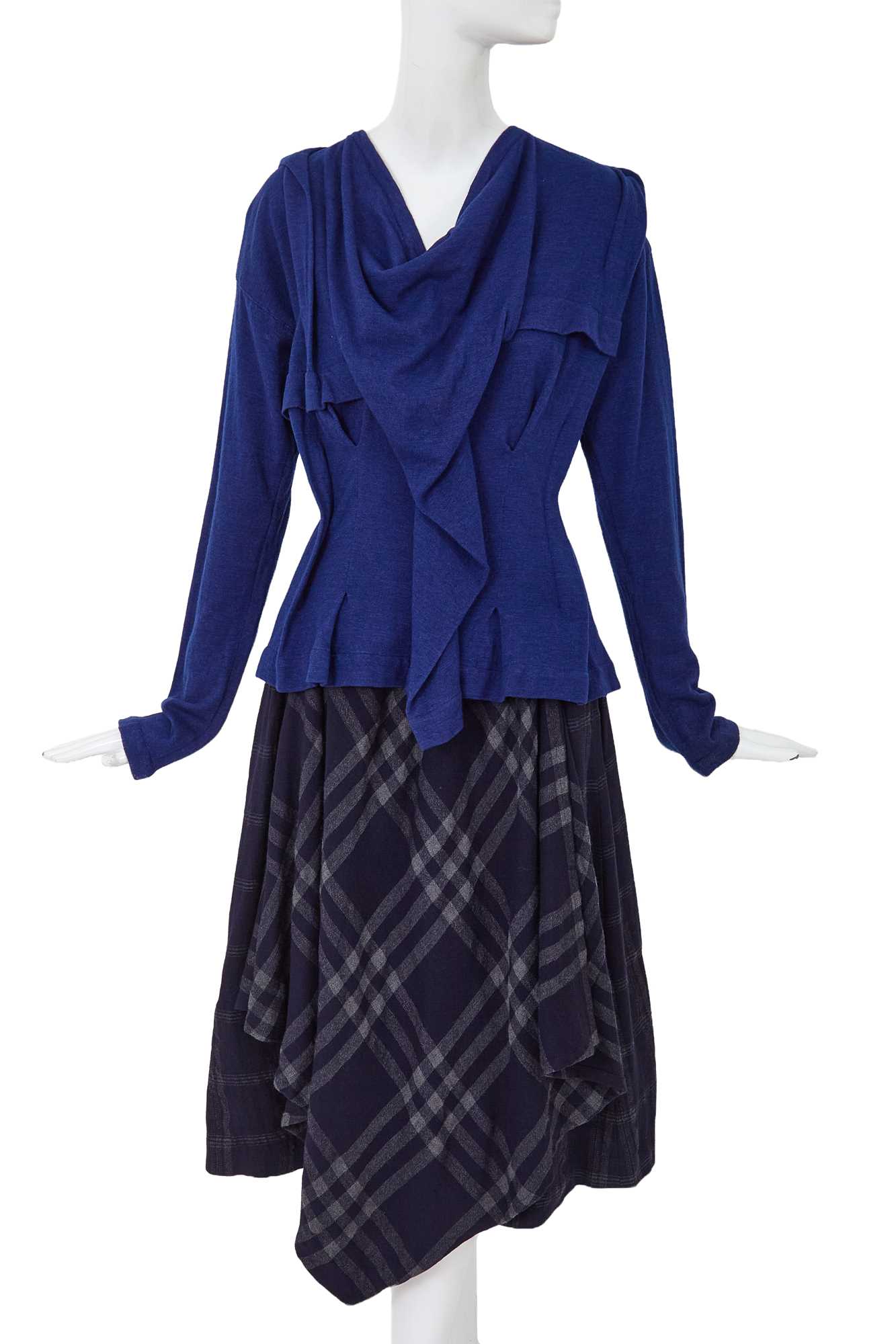 Lot 76 - A Comme des Garçons blue wool-blend ensemble, ‘Gloves, Skirts, Quilted Big Coats’ collection, Autumn-Winter 1983-84