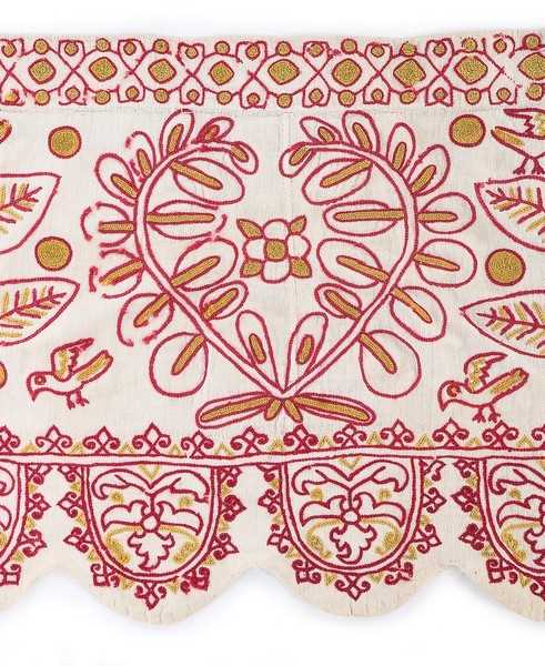 Lot 144 - Crewel-worked bed hangings dated 1670, and...