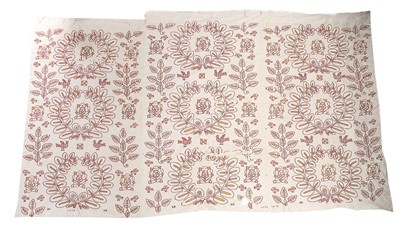 Lot 144 - Crewel-worked bed hangings dated 1670, and...