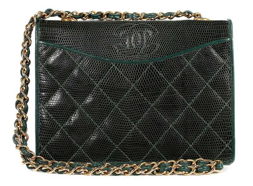 Lot 29 - A Chanel emerald green quilted lizard-skin bag,...