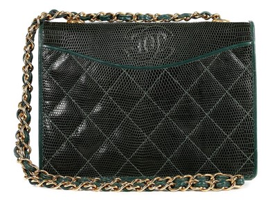 Lot 29 - A Chanel emerald green quilted lizard-skin bag,...