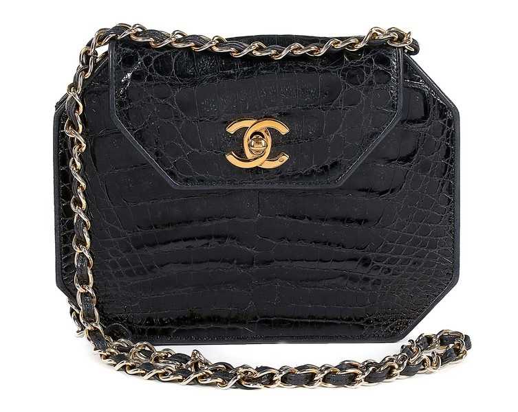 Lot 32 - A Chanel octagonal black alligator bag,...