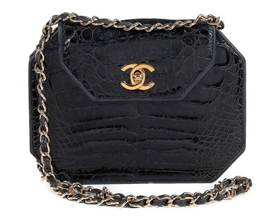 Lot 32 - A Chanel octagonal black alligator bag,...