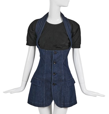 Lot 119 - A Comme des Garçons blue denim pinafore skirt, ‘Young Chic, No Shoulder’ collection, Spring-Summer 1987