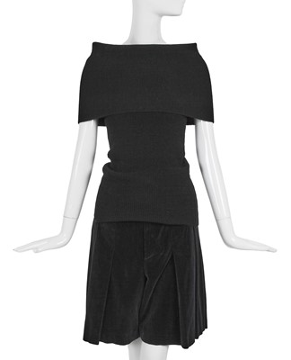 Lot 123 - A Comme des Garçons black velvet and wool ensemble, ‘White Shirt + Pants, Khaki, Lili Marleen’ collection, Autumn-Winter 1987-88