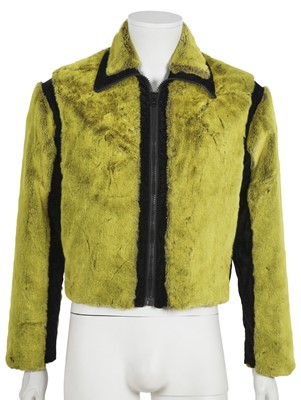 Lot 490 - A Dexter Wong acid green faux-fur and black velvet rave jacket, 1990s