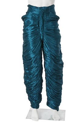 Lot 546 - A rare pair of Antony Price ruched blue satin trousers, Autumn-Winter 1984-85
