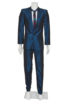 Lot 559 - An Antony Price men's blue-black shot viscose suit, early 1980s