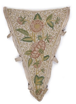 Lot 128 - An embroidered linen stomacher, circa 1710,...