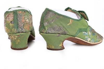 Lot 129 - A pair of shoes of 1730s green brocaded silk,...