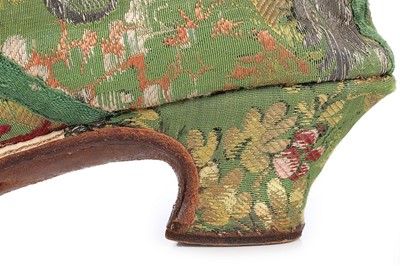 Lot 129 - A pair of shoes of 1730s green brocaded silk,...