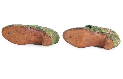 Lot 129 - A pair of shoes of 1730s green brocaded silk,...