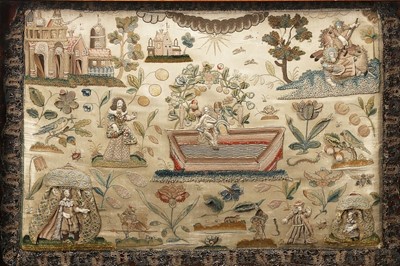 Lot 143 - A fine stumpworked, embroidered pillow worked...