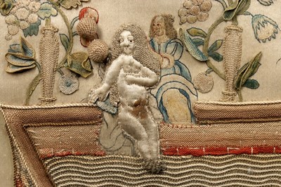 Lot 143 - A fine stumpworked, embroidered pillow worked...