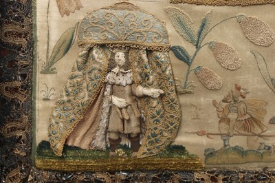 Lot 143 - A fine stumpworked, embroidered pillow worked...