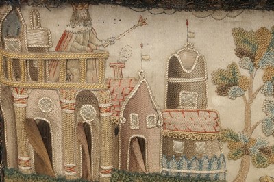 Lot 143 - A fine stumpworked, embroidered pillow worked...