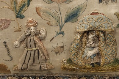 Lot 143 - A fine stumpworked, embroidered pillow worked...