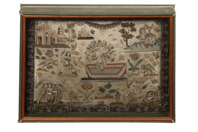 Lot 143 - A fine stumpworked, embroidered pillow worked...