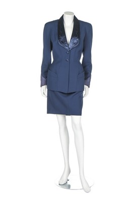 Lot 32 - A Thierry Mugler blue wool and satin suit,...