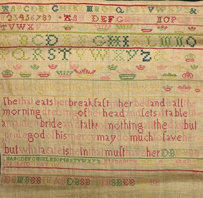 Lot 446 - An un-finished embroidered linen sampler by...