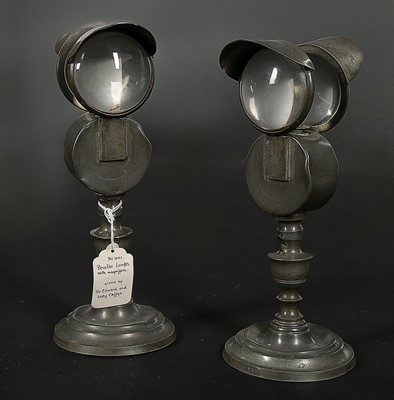 Lot 457 - Lace making lamps, comprising: two of pewter...