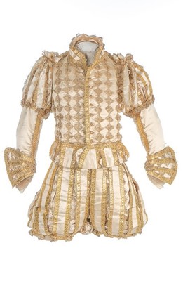 Lot 28 - A rare ivory satin doublet and hose worn to...