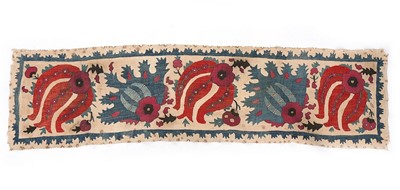 Lot 375 - A fine embroidered linen bolster panel,...