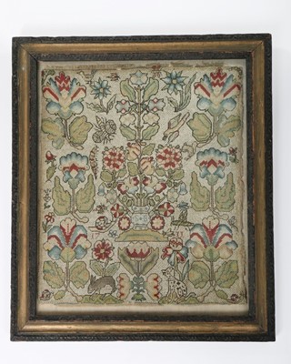 Lot 315 - A fine embroidered pictorial sampler, English,...
