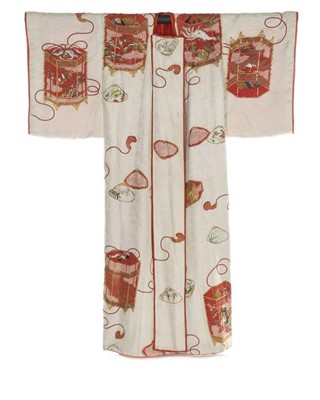 Lot 375 - A finely embroidered ivory silk damask kimono,...