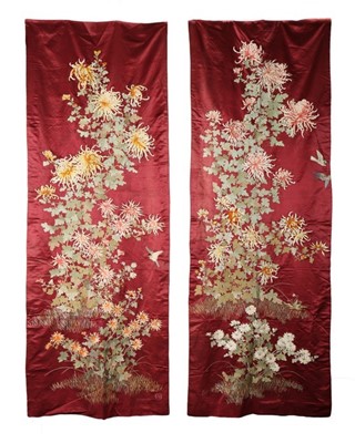 Lot 378 - A pair of embroidered satin curtains, Japanese,...