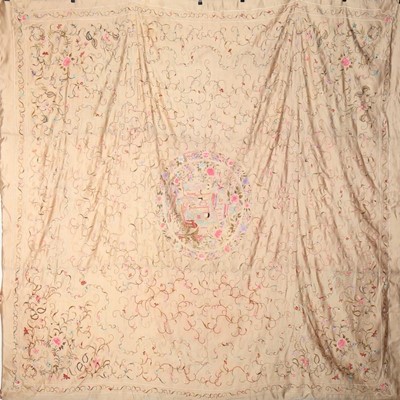 Lot 384 - An embroidered ivory satin coverlet, Canton,...
