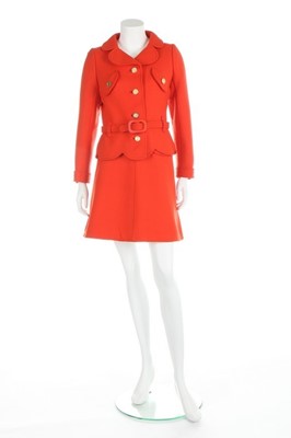 Lot 113 - A Courrèges couture coral wool suit, 1968,...