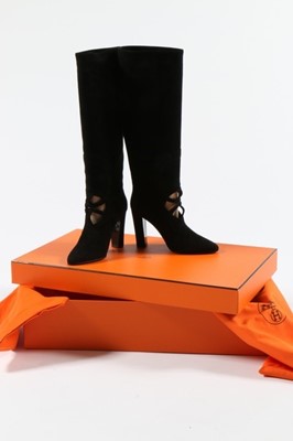 Lot 59 - A pair of Hermès black suede boots with...