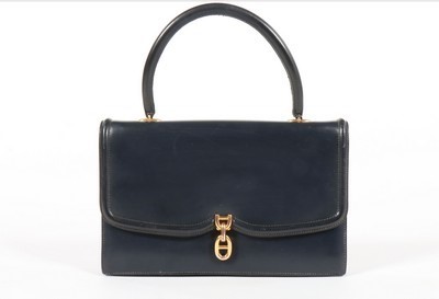 Lot 89 - An Hermès navy box calf leather handbag, 1960s,...