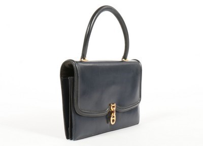 Lot 89 - An Hermès navy box calf leather handbag, 1960s,...