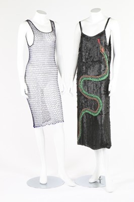 Lot 111 - A petrol-blue crepe dress with silver beading...
