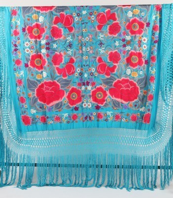 Lot 490 - A good and large embroidered turquoise silk...