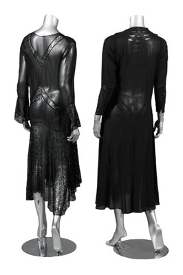 Lot 40 - Four black evening gowns, 1930s, of brocaded...