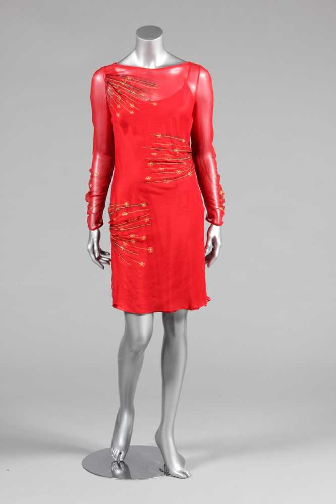 Lot 64 - A Zandra Rhodes printed red chiffon cocktail...