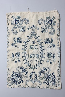 Lot 103 - A crewel-worked fustian work bag, English,...